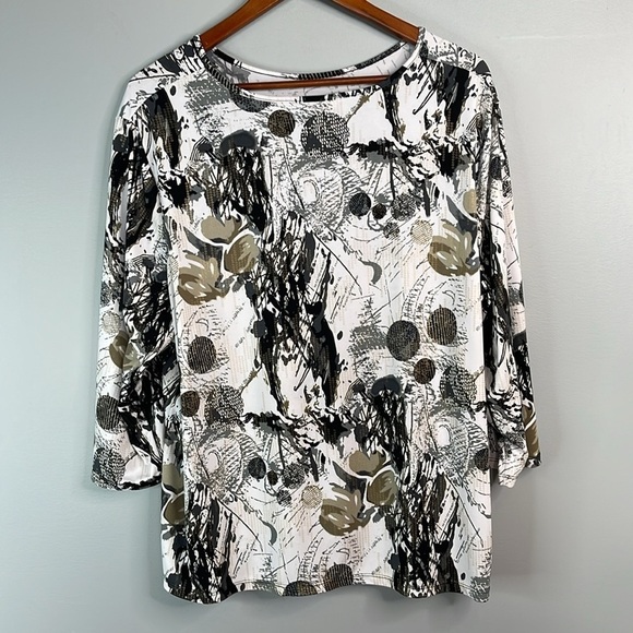 TanJay Abstract Print Relaxed Top Black White Taupe Long Sleeve Top Stretch 2X - Picture 6 of 10